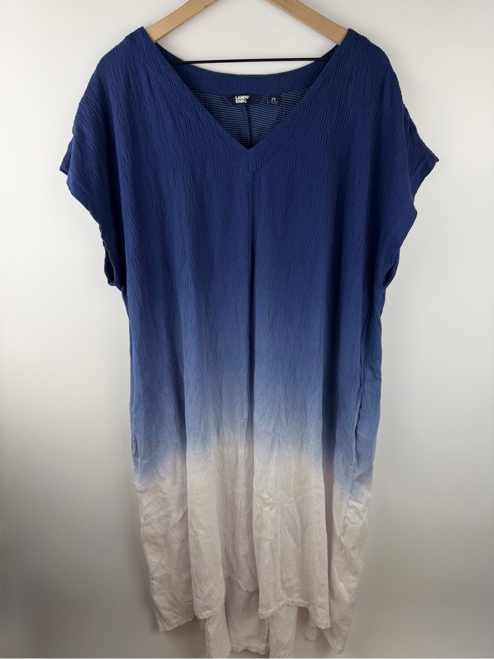 Lands End Dress Women 2X Navy/White Ombre Crinkle Knit High Low Dress/Swim Cover